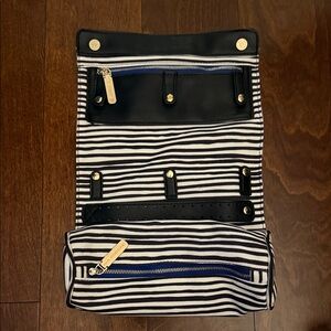 Striped Black and White Travel Cosmetic Case with Gold Accents